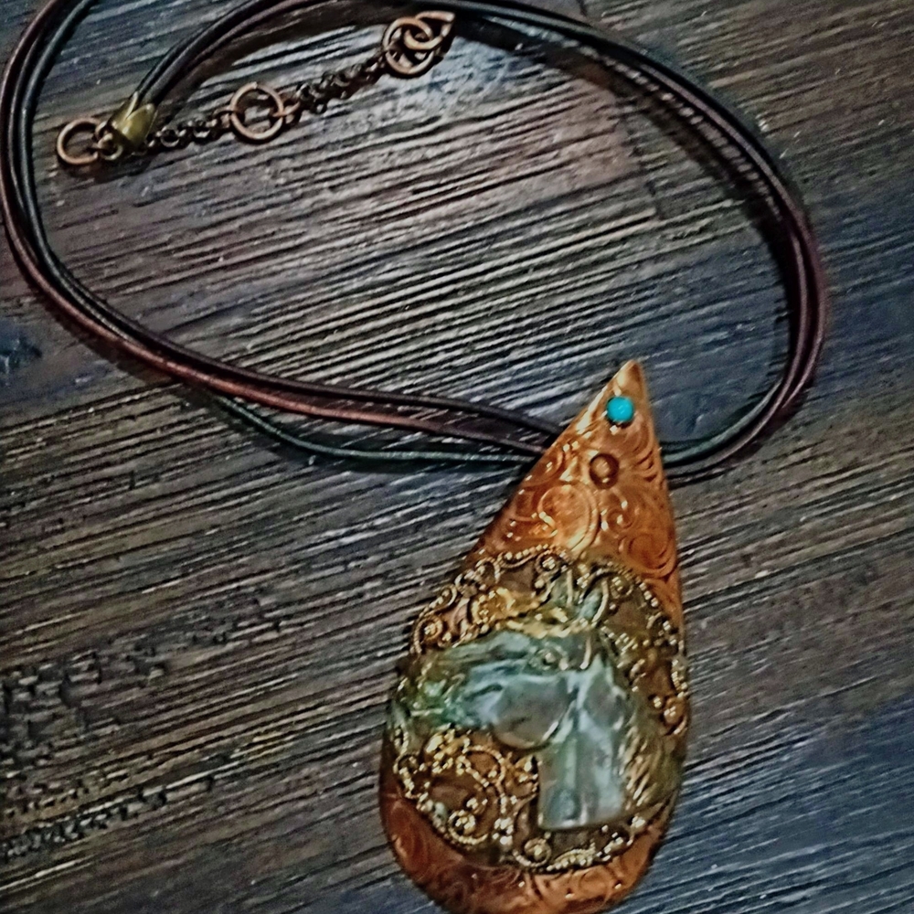 Vtg Trimetal Patina Brass Copper Horse Pendant With Jasper & Turquoise Accents